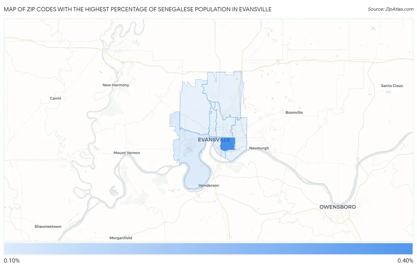 Zip Codes with the Highest Percentage of Senegalese Population in Evansville Map