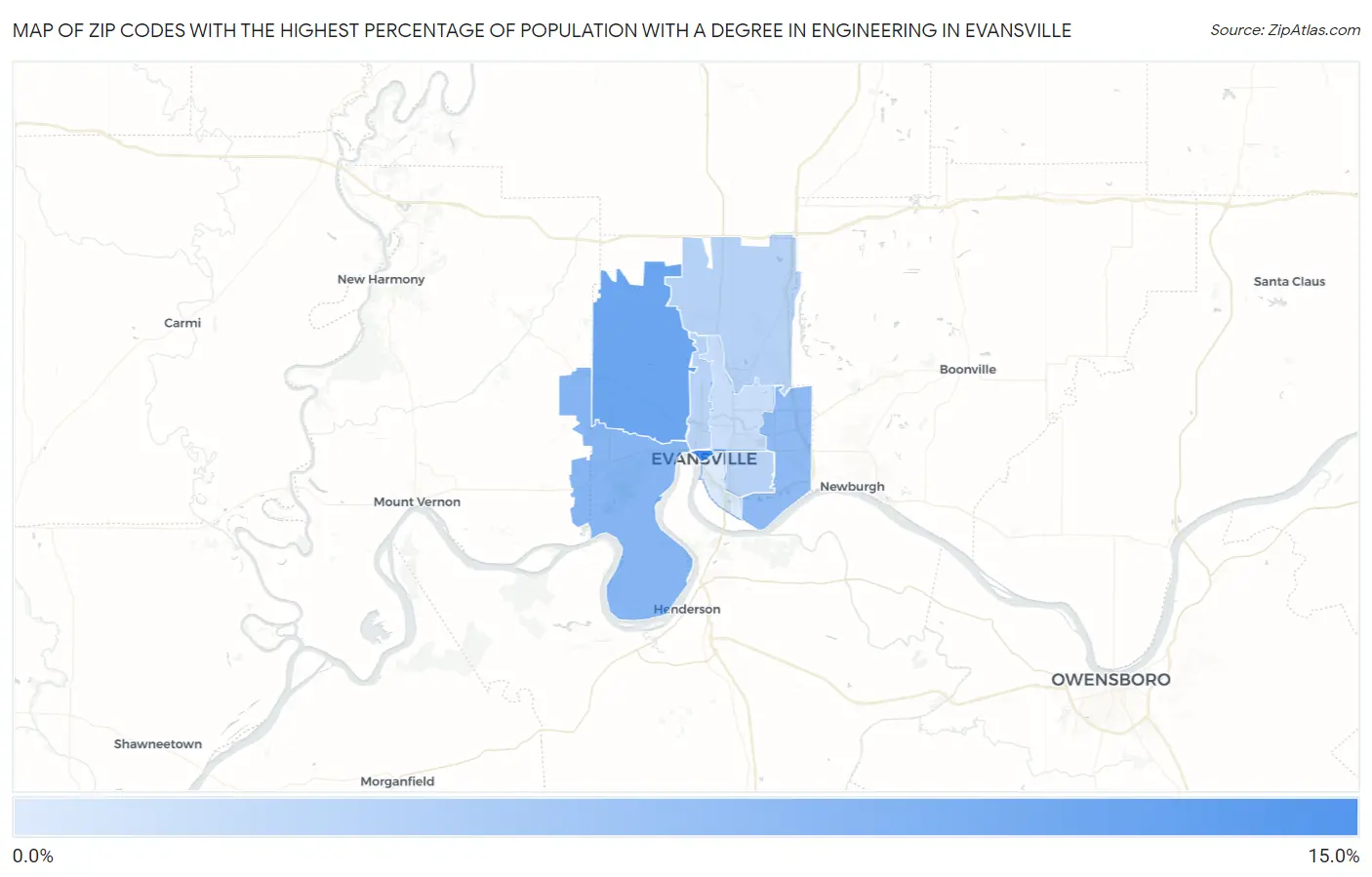 Zip Codes with the Highest Percentage of Population with a Degree in Engineering in Evansville Map