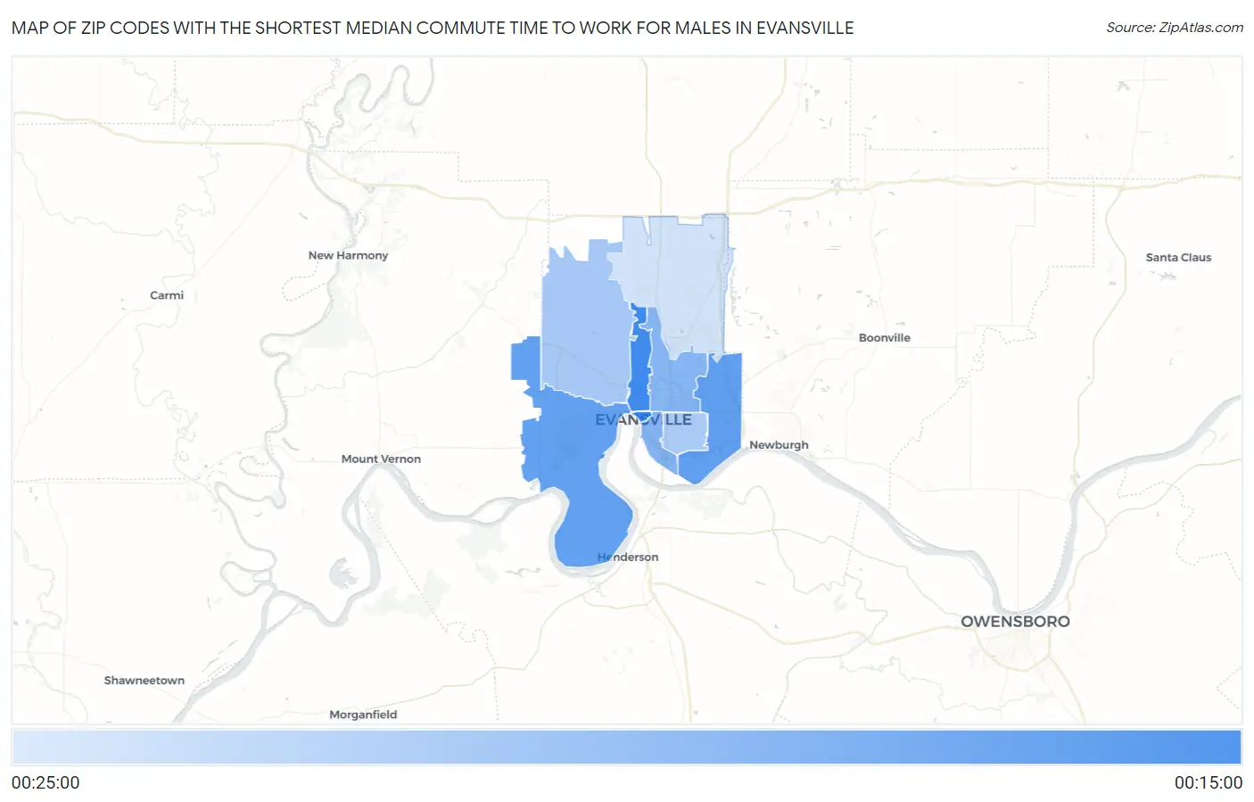 Zip Codes with the Shortest Median Commute Time to Work for Males in Evansville Map