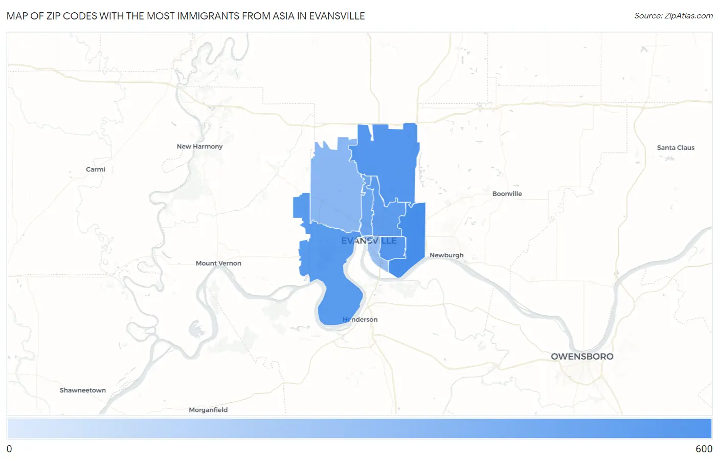 Zip Codes with the Most Immigrants from Asia in Evansville Map