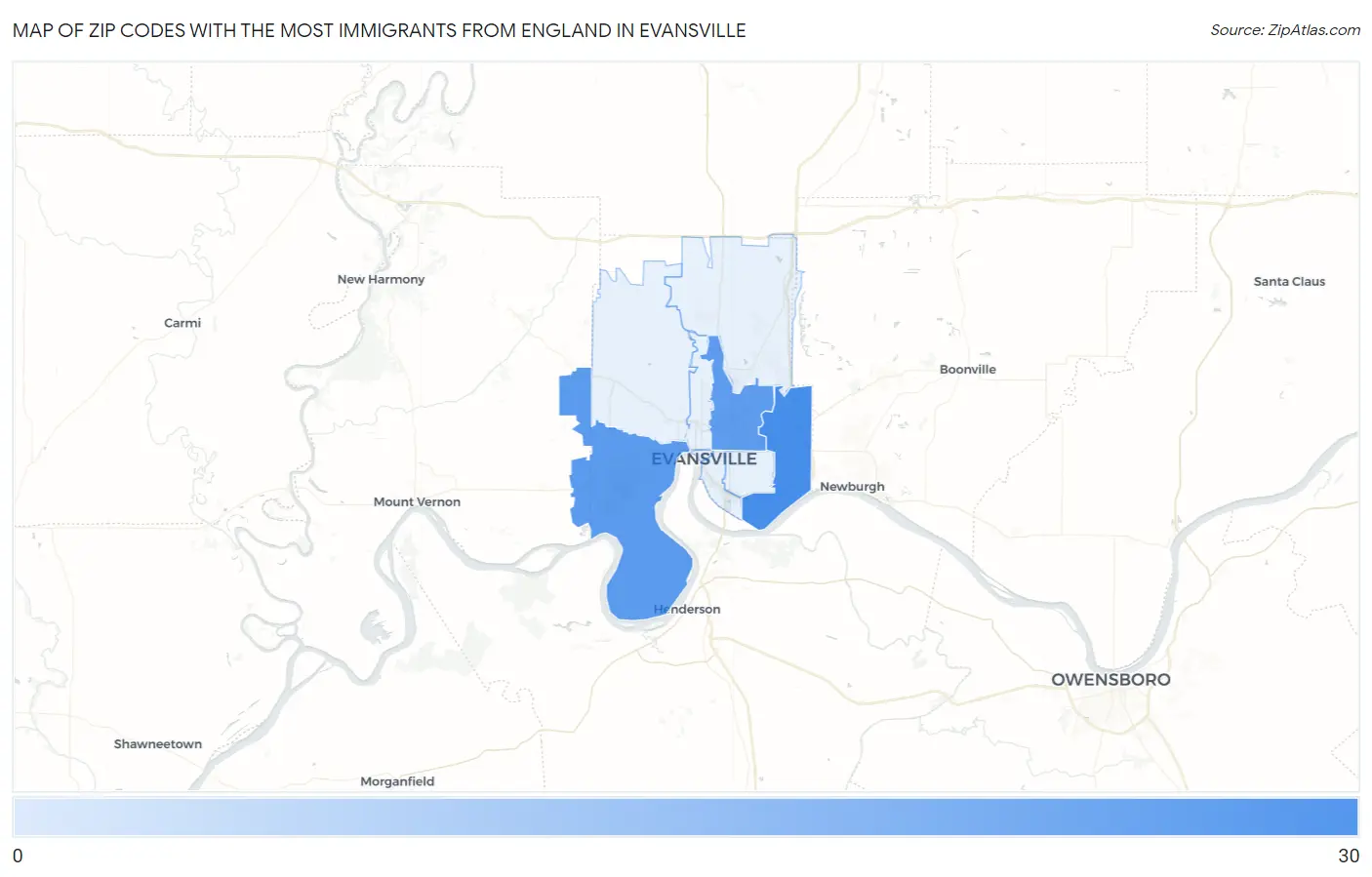 Zip Codes with the Most Immigrants from England in Evansville Map