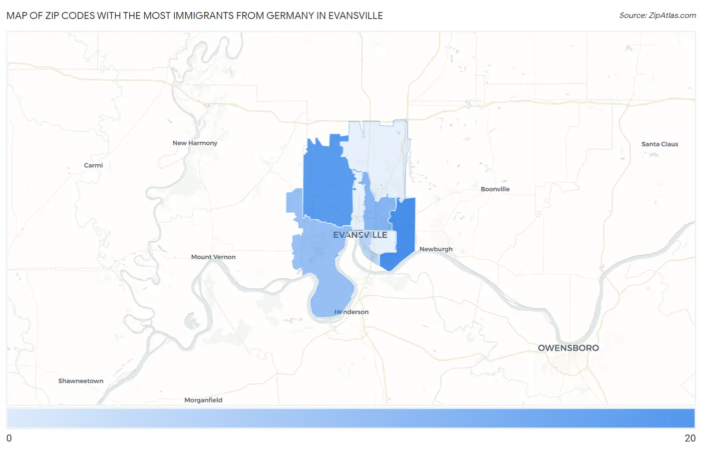 Zip Codes with the Most Immigrants from Germany in Evansville Map