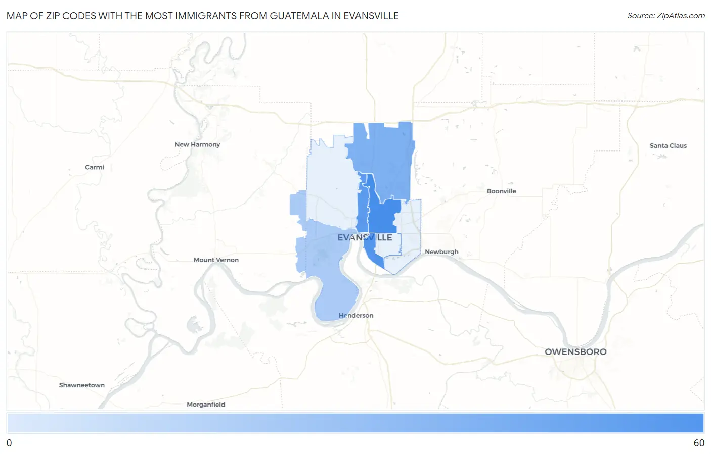 Zip Codes with the Most Immigrants from Guatemala in Evansville Map