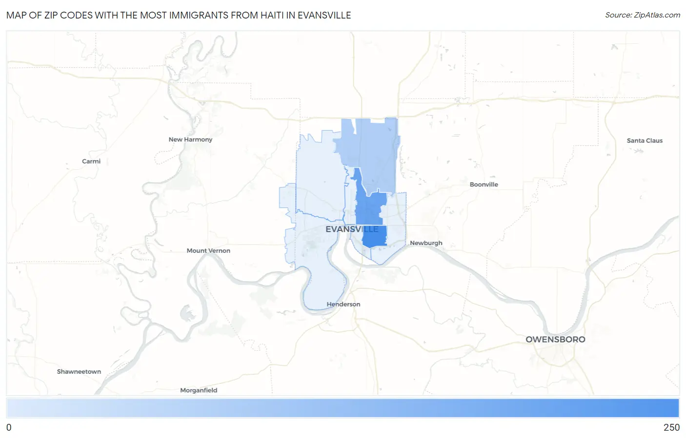 Zip Codes with the Most Immigrants from Haiti in Evansville Map