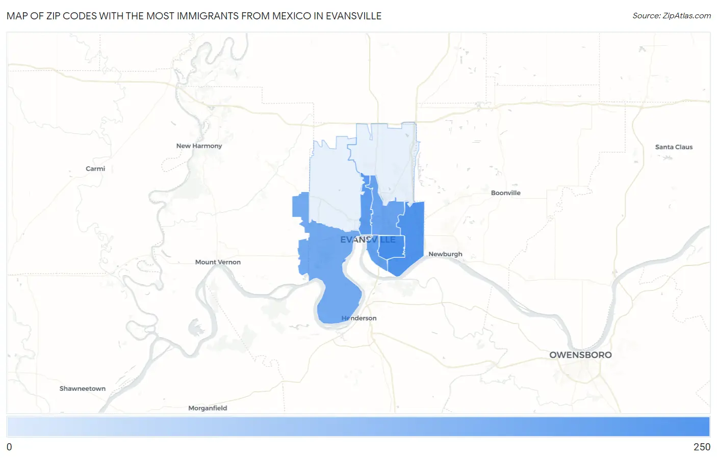 Zip Codes with the Most Immigrants from Mexico in Evansville Map