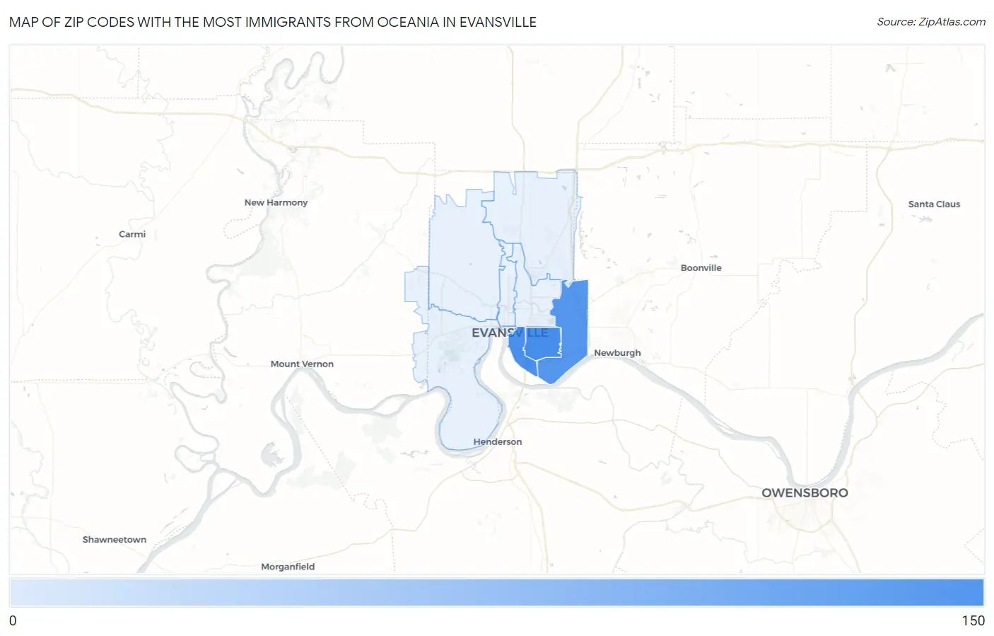 Zip Codes with the Most Immigrants from Oceania in Evansville Map