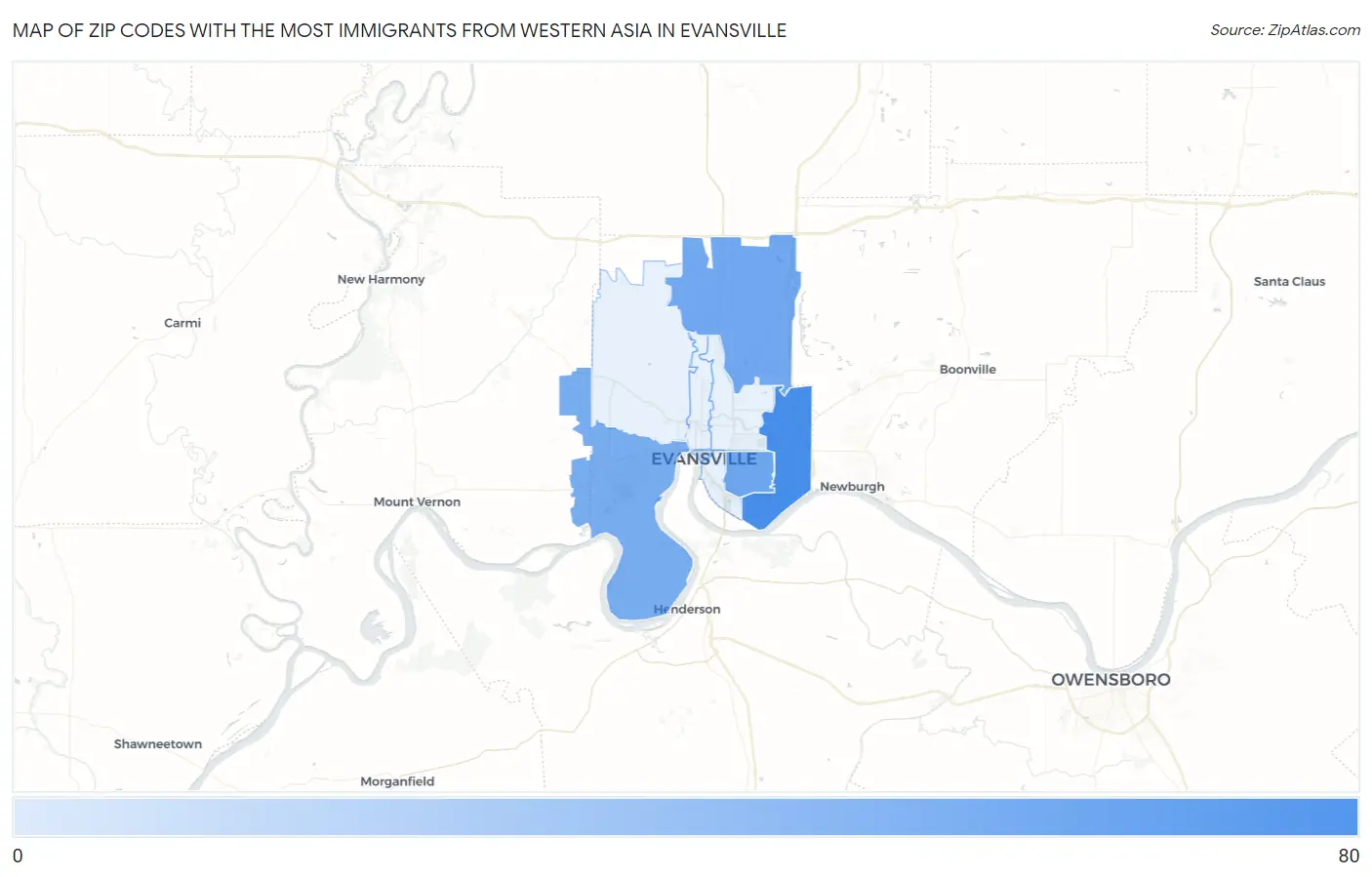 Zip Codes with the Most Immigrants from Western Asia in Evansville Map