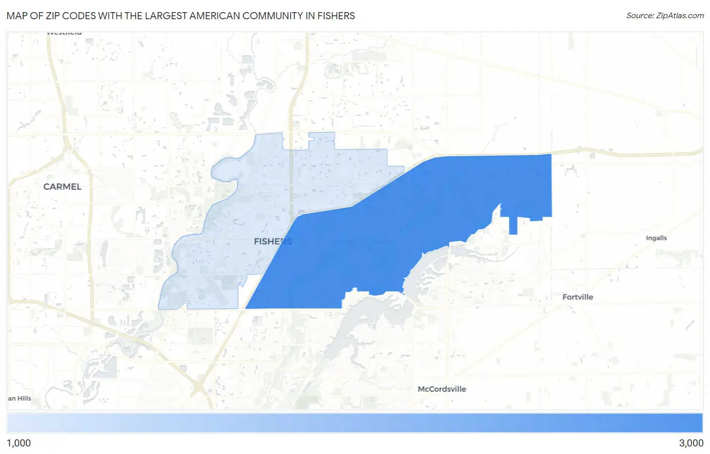 Zip Codes with the Largest American Community in Fishers Map