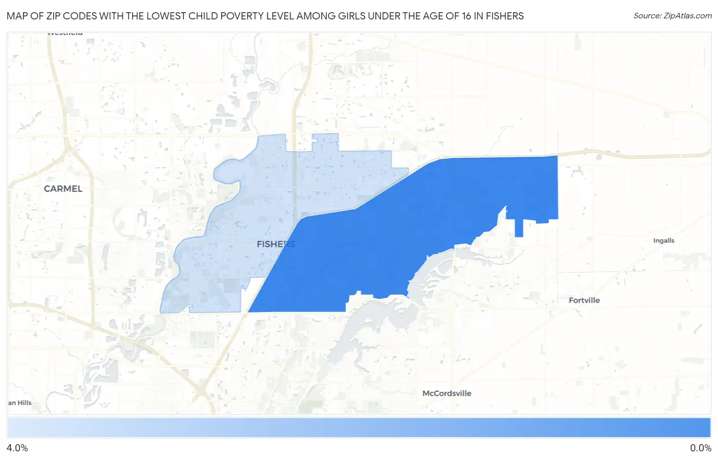 Zip Codes with the Lowest Child Poverty Level Among Girls Under the Age of 16 in Fishers Map
