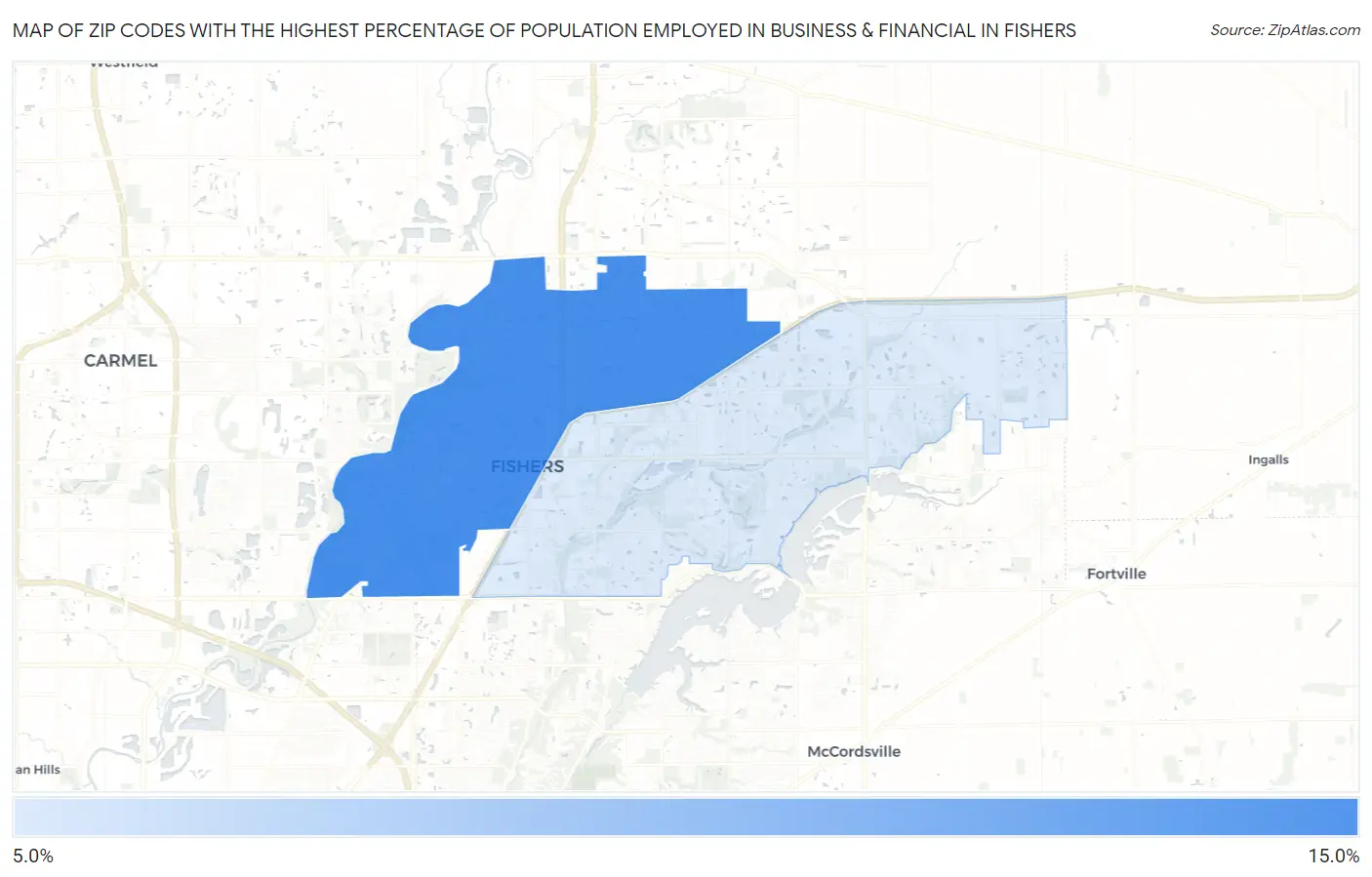 Zip Codes with the Highest Percentage of Population Employed in Business & Financial in Fishers Map