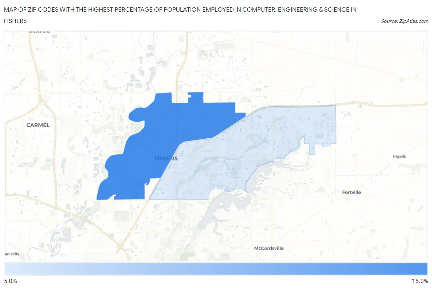 Zip Codes with the Highest Percentage of Population Employed in Computer, Engineering & Science in Fishers Map