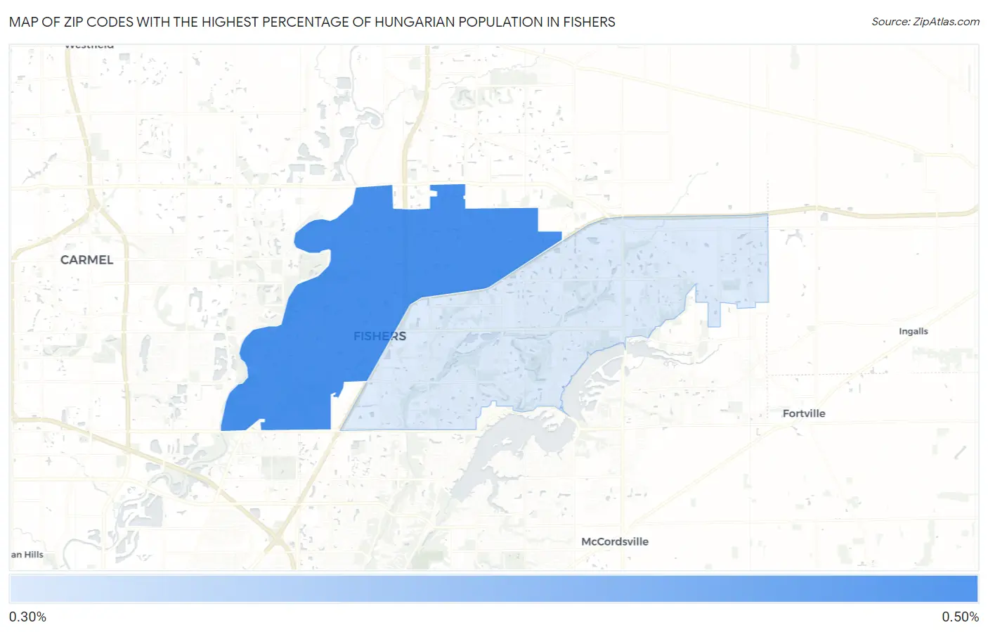 Zip Codes with the Highest Percentage of Hungarian Population in Fishers Map