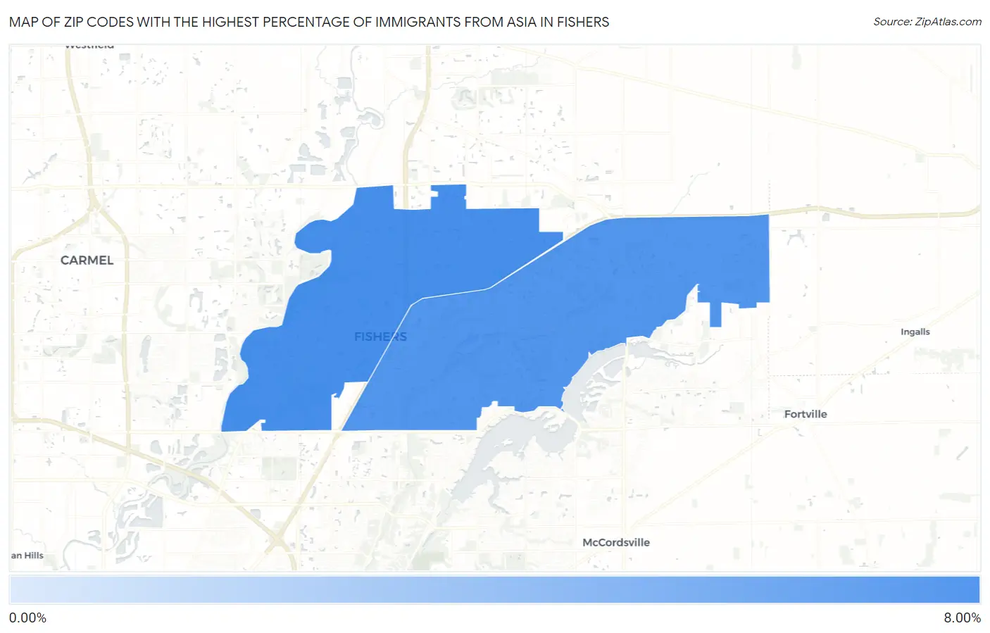 Zip Codes with the Highest Percentage of Immigrants from Asia in Fishers Map