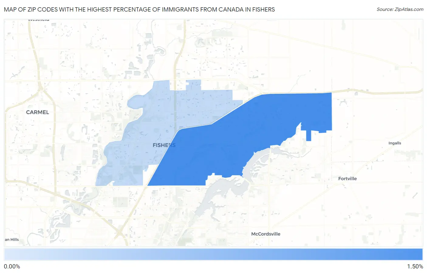 Zip Codes with the Highest Percentage of Immigrants from Canada in Fishers Map