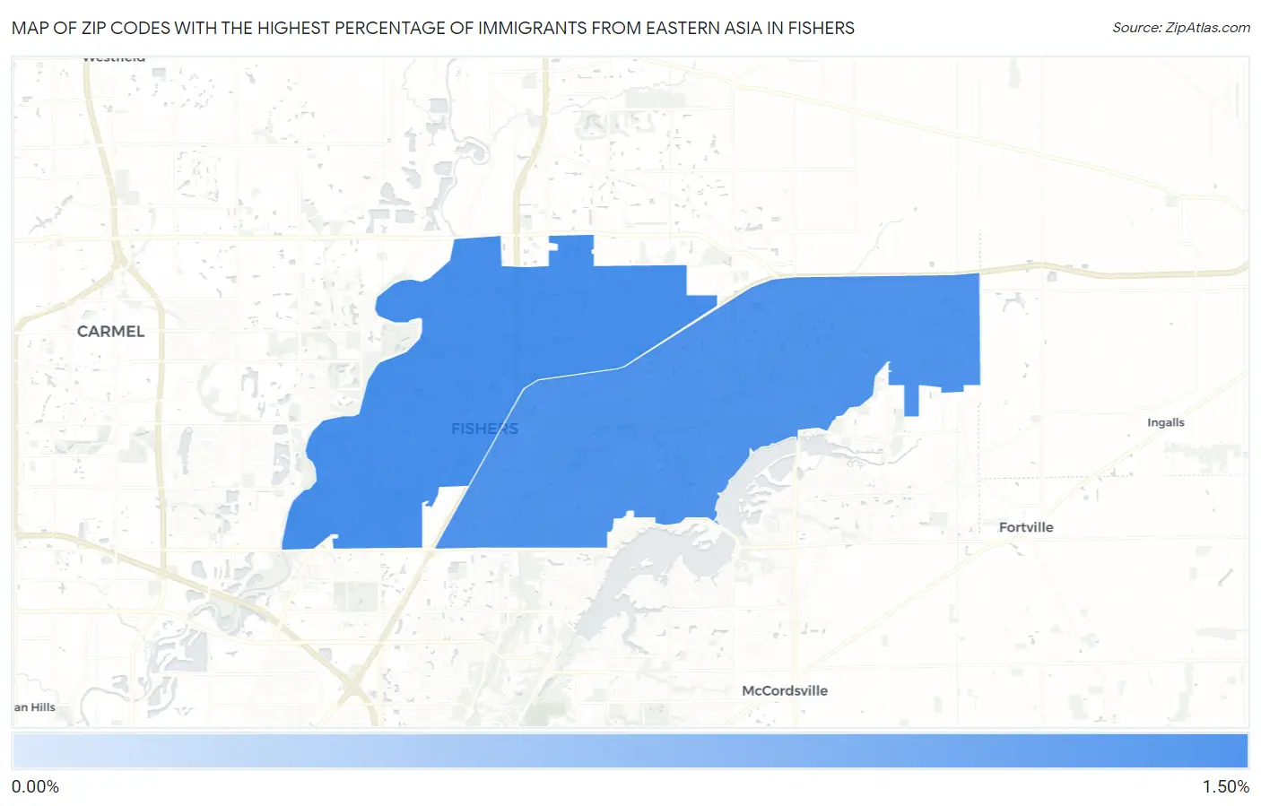 Zip Codes with the Highest Percentage of Immigrants from Eastern Asia in Fishers Map