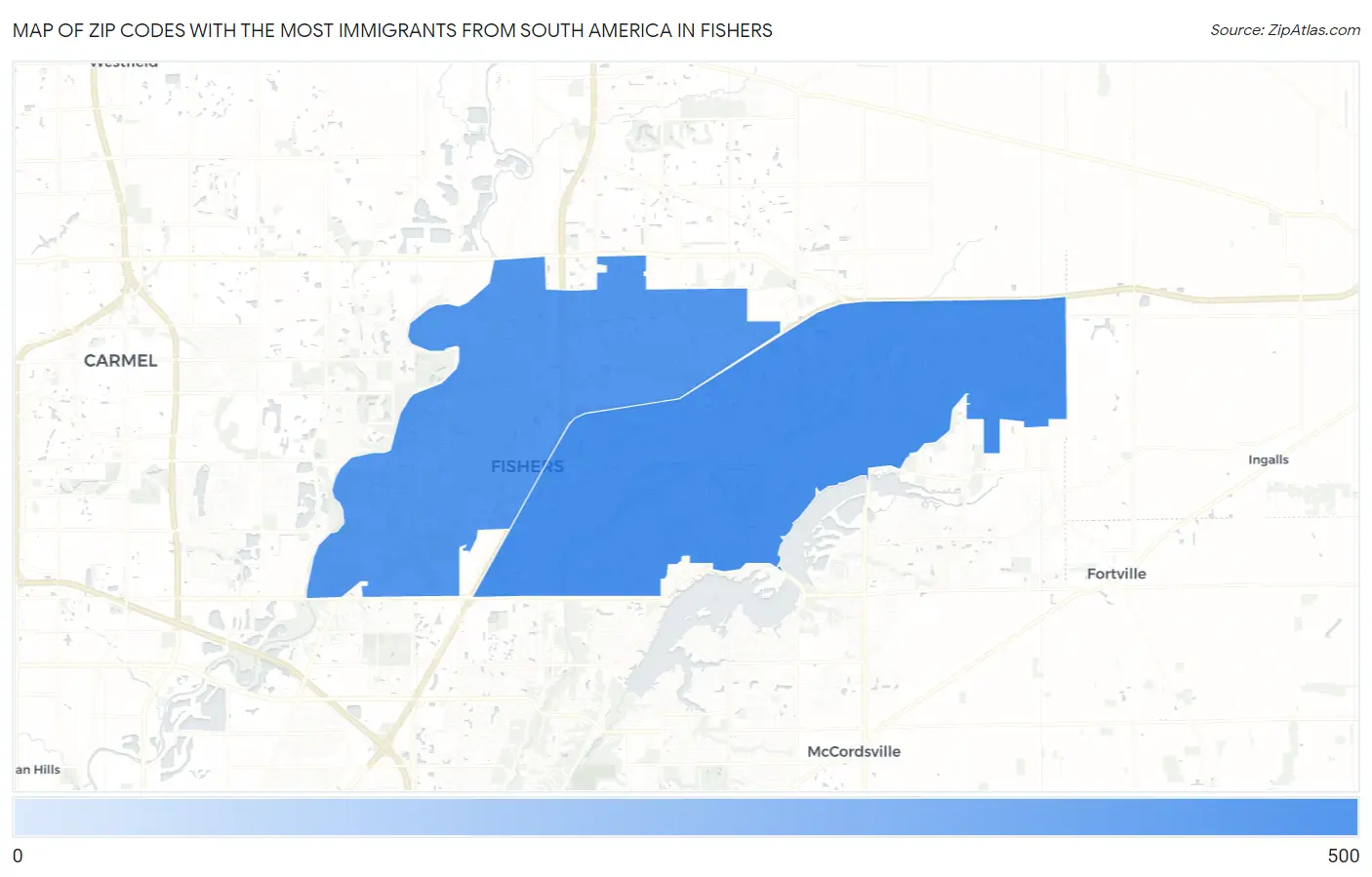 Zip Codes with the Most Immigrants from South America in Fishers Map