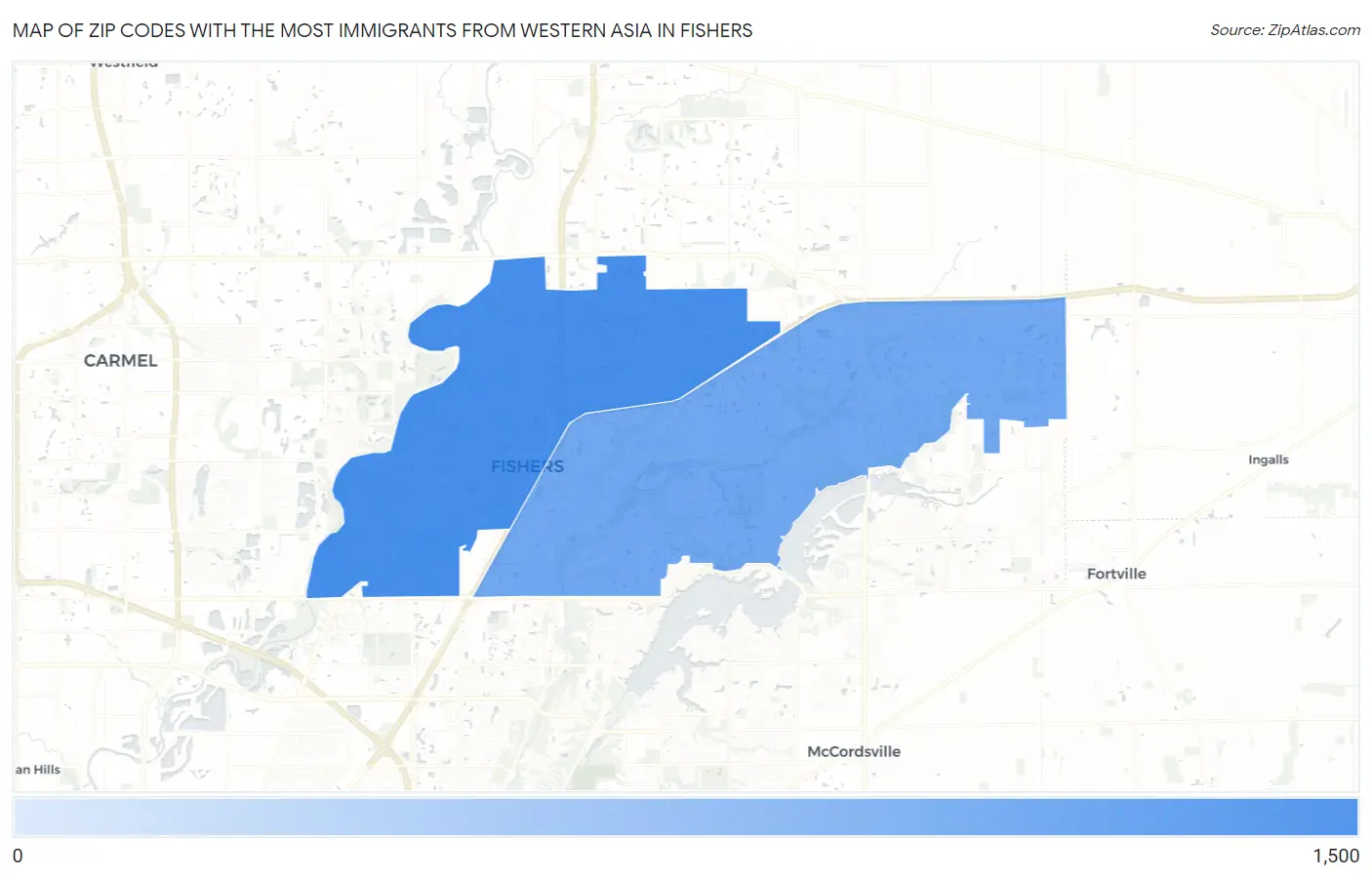 Zip Codes with the Most Immigrants from Western Asia in Fishers Map