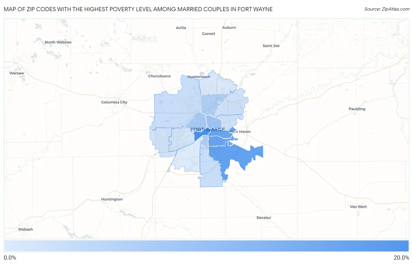 Zip Codes with the Highest Poverty Level Among Married Couples in Fort Wayne Map