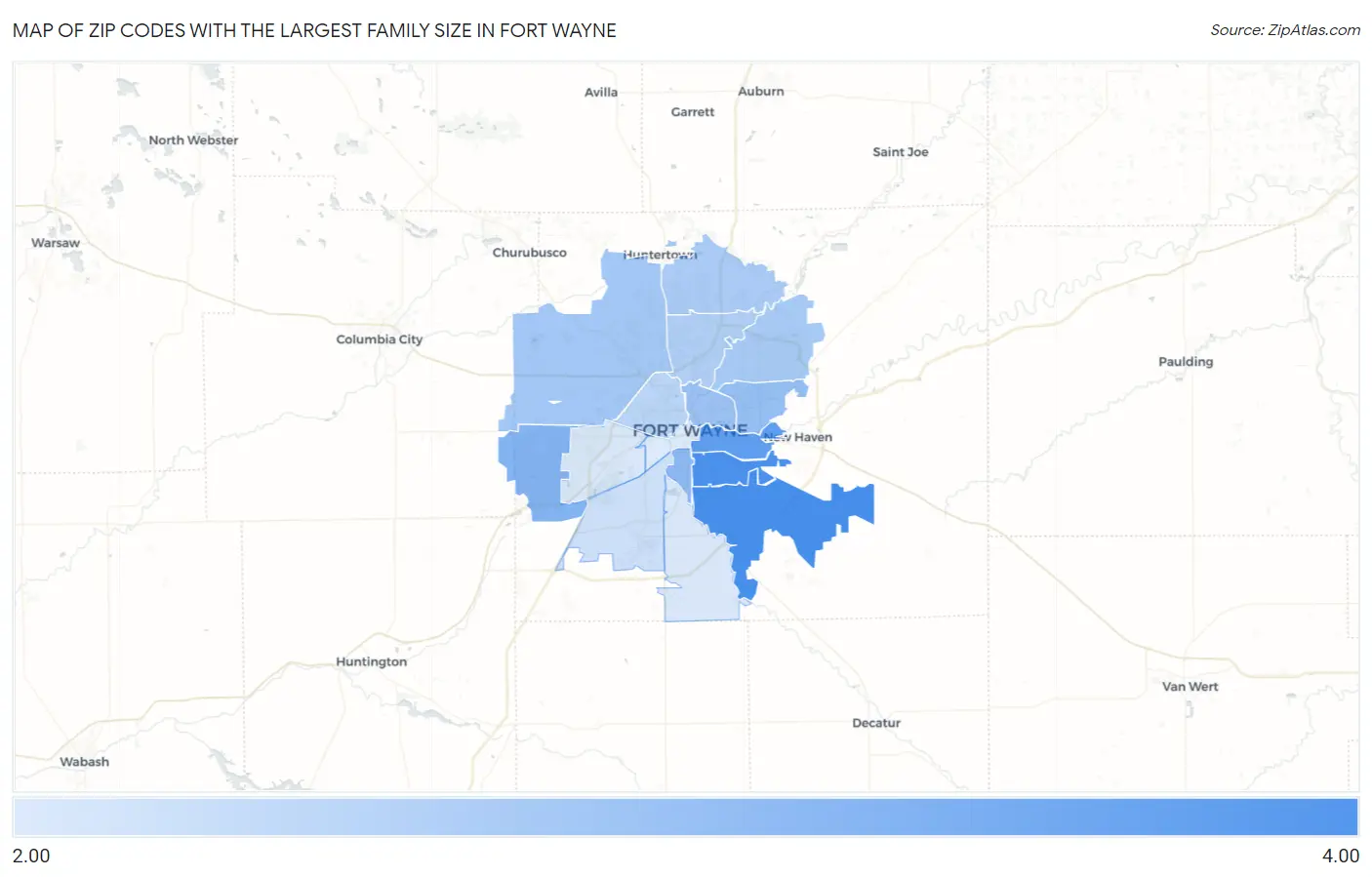 Zip Codes with the Largest Family Size in Fort Wayne Map
