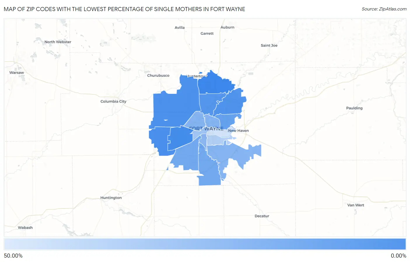 Zip Codes with the Lowest Percentage of Single Mothers in Fort Wayne Map