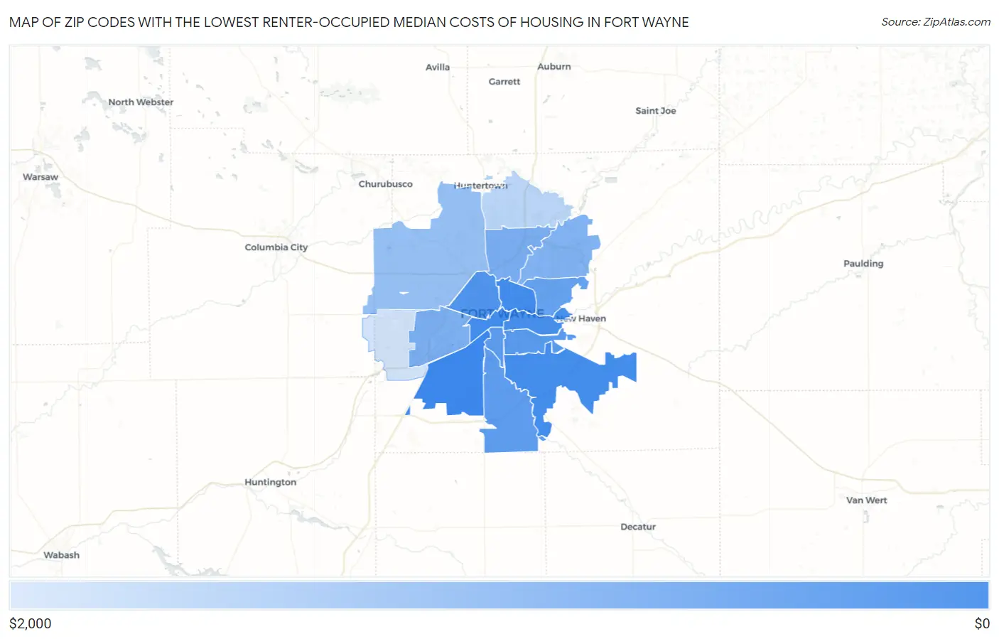 Zip Codes with the Lowest Renter-Occupied Median Costs of Housing in Fort Wayne Map