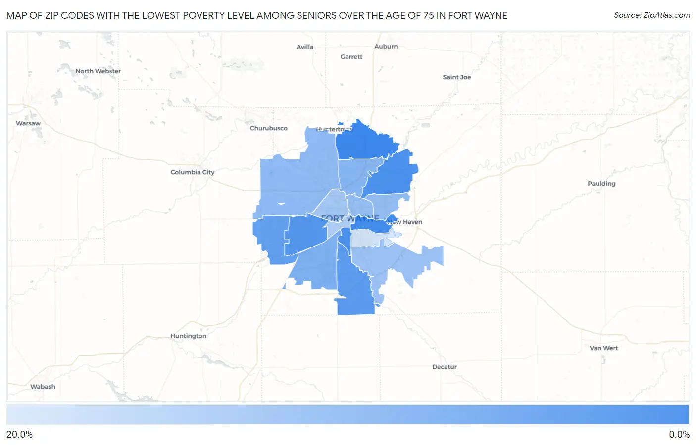 Zip Codes with the Lowest Poverty Level Among Seniors Over the Age of 75 in Fort Wayne Map