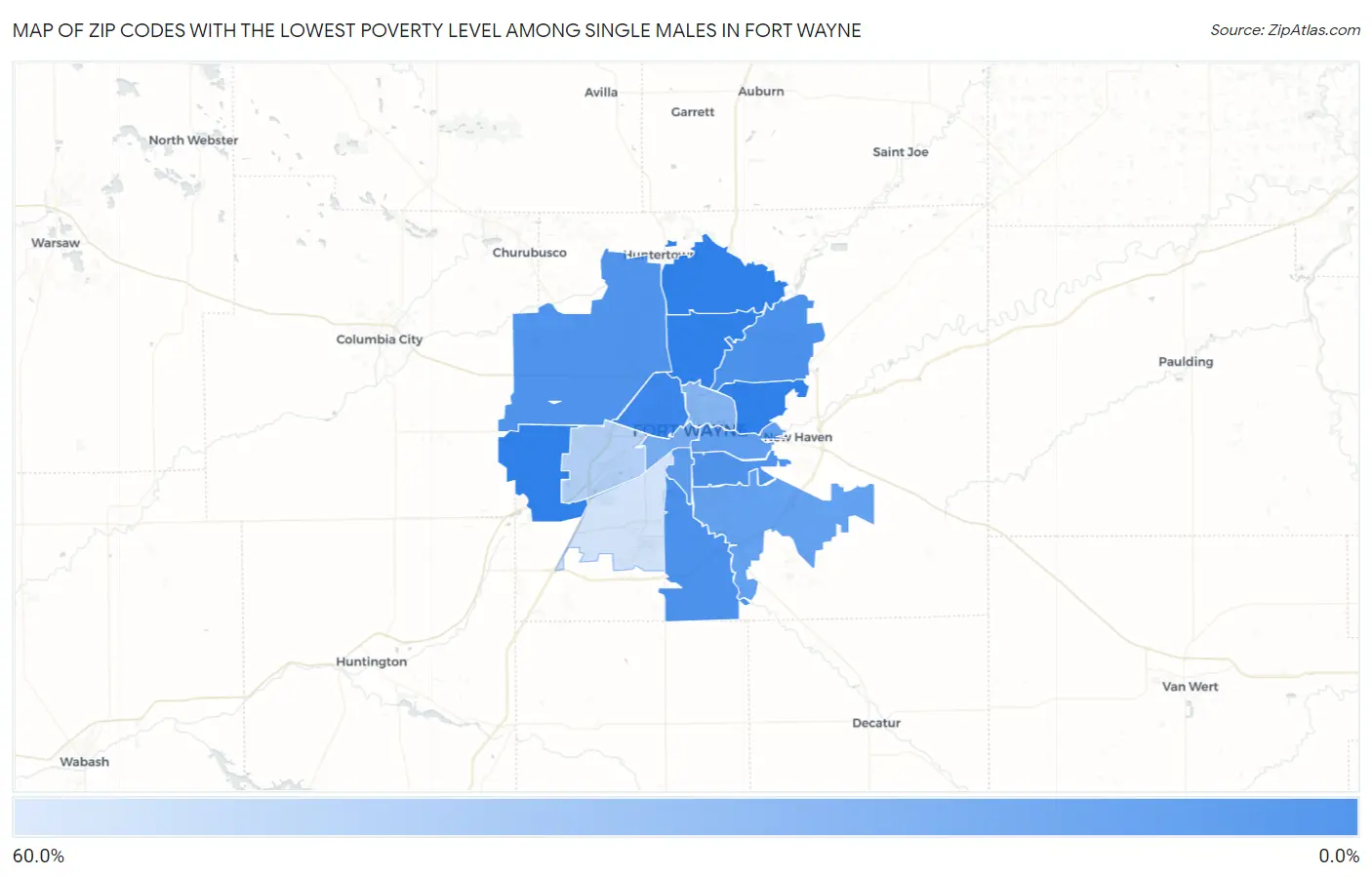 Zip Codes with the Lowest Poverty Level Among Single Males in Fort Wayne Map