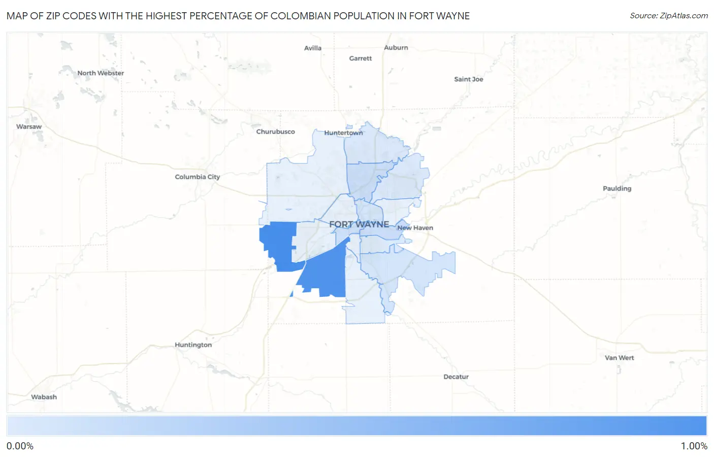 Zip Codes with the Highest Percentage of Colombian Population in Fort Wayne Map