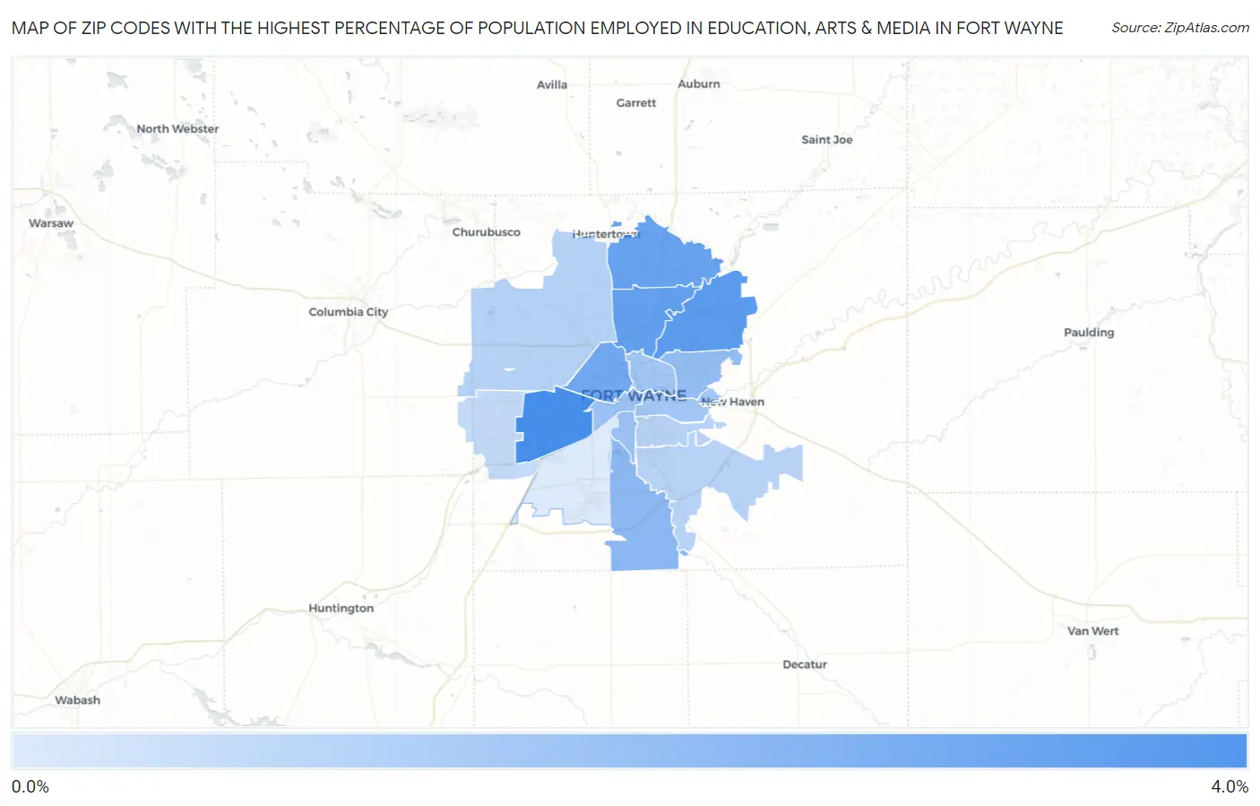 Zip Codes with the Highest Percentage of Population Employed in Education, Arts & Media in Fort Wayne Map