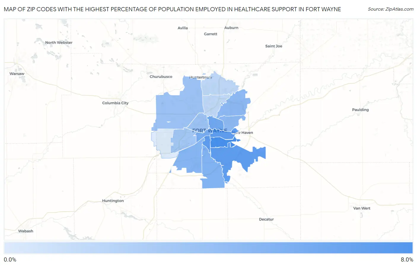 Zip Codes with the Highest Percentage of Population Employed in Healthcare Support in Fort Wayne Map