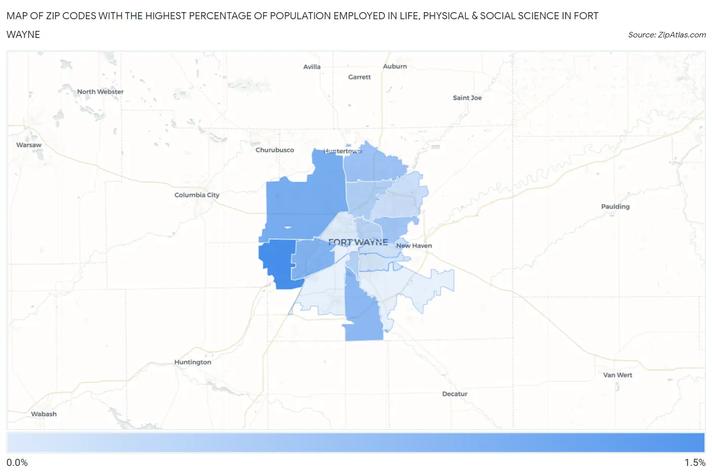 Zip Codes with the Highest Percentage of Population Employed in Life, Physical & Social Science in Fort Wayne Map