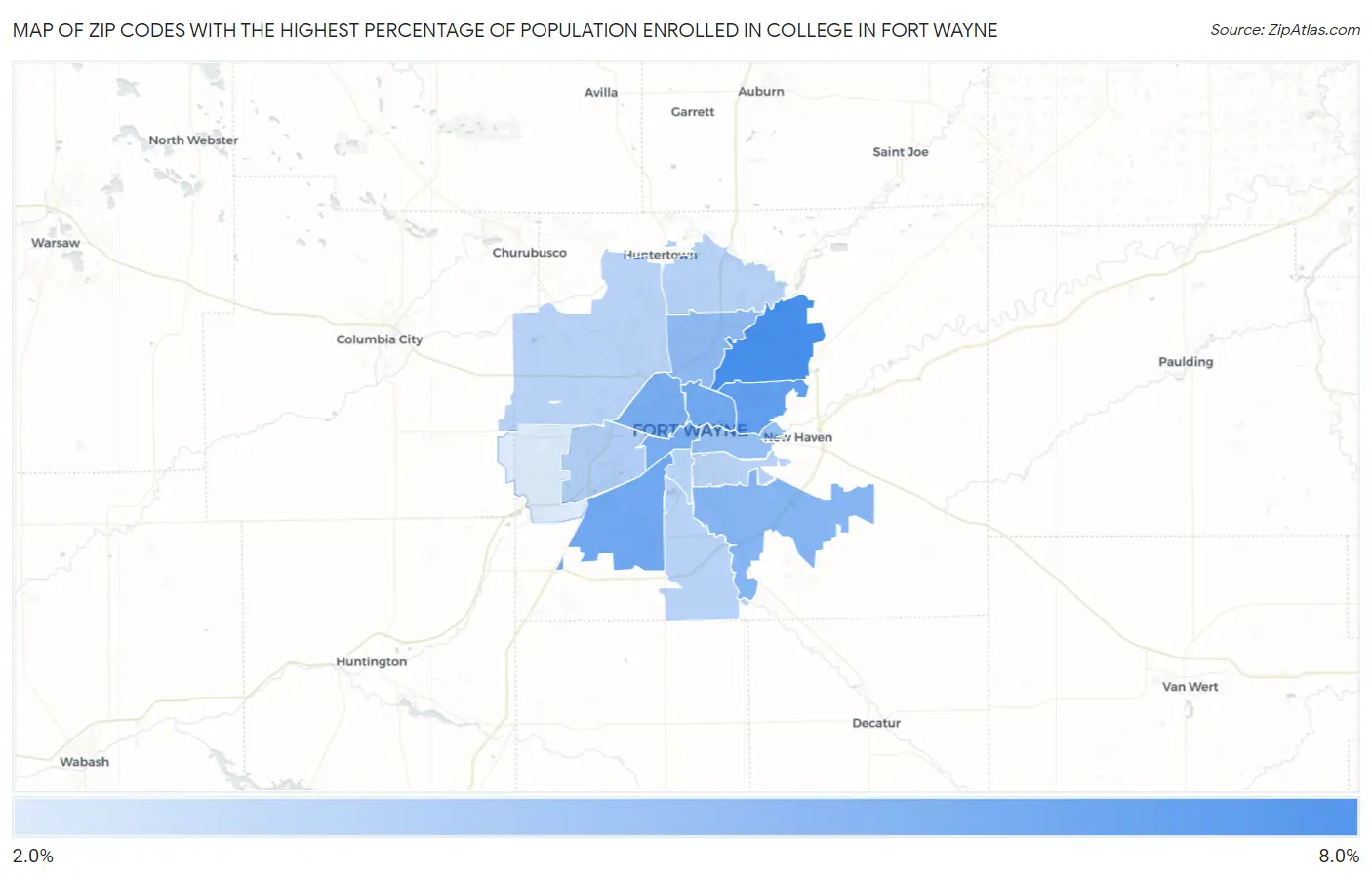 Zip Codes with the Highest Percentage of Population Enrolled in College in Fort Wayne Map