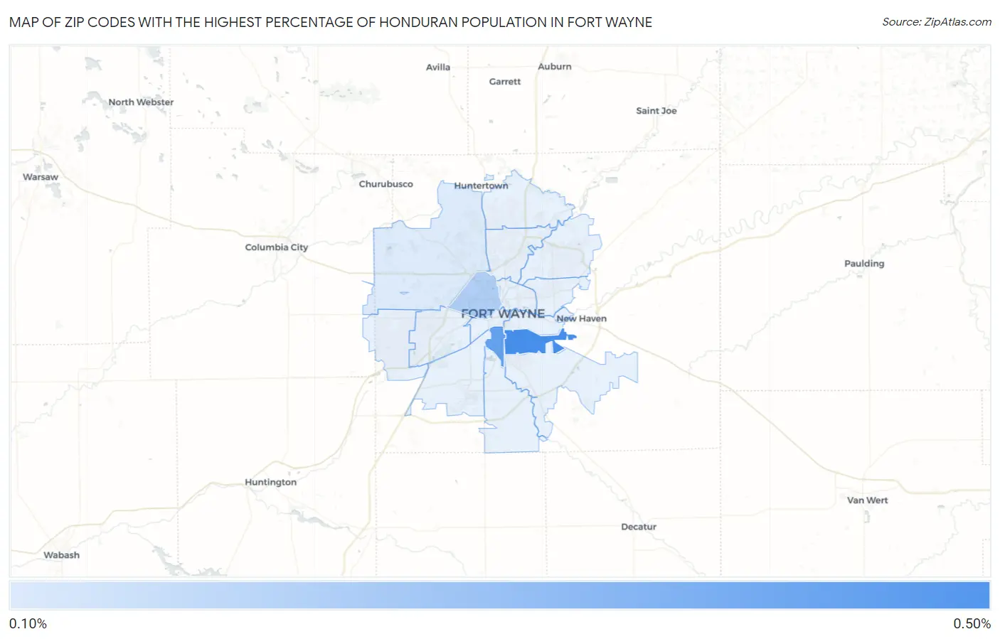 Zip Codes with the Highest Percentage of Honduran Population in Fort Wayne Map