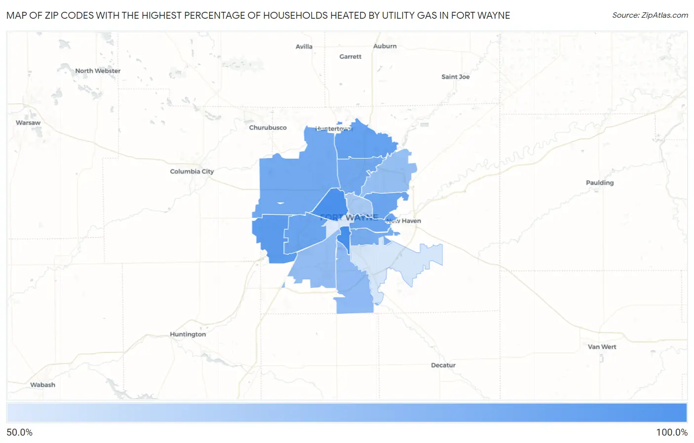Zip Codes with the Highest Percentage of Households Heated by Utility Gas in Fort Wayne Map