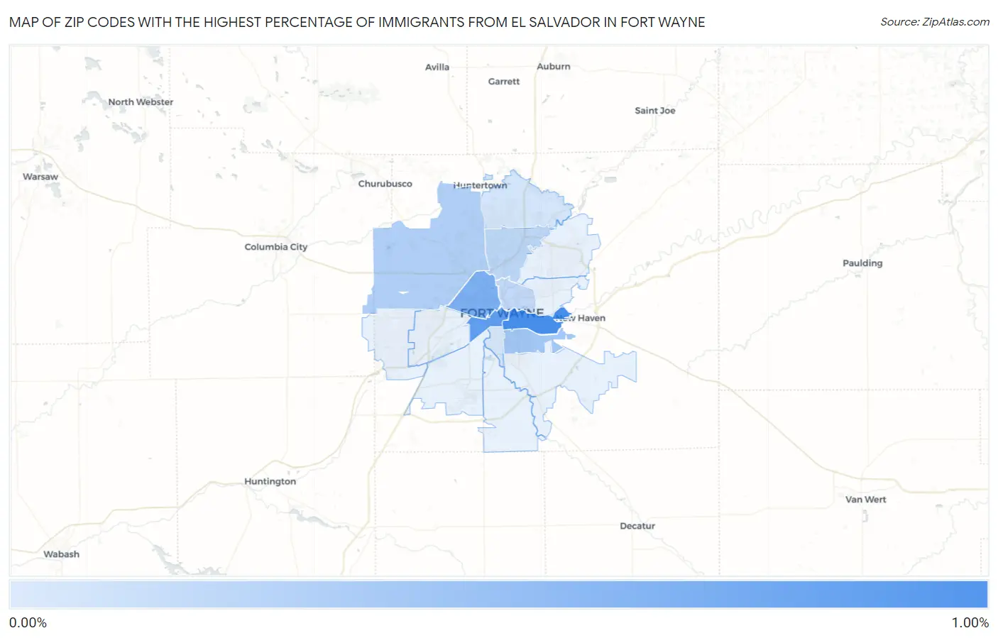 Zip Codes with the Highest Percentage of Immigrants from El Salvador in Fort Wayne Map