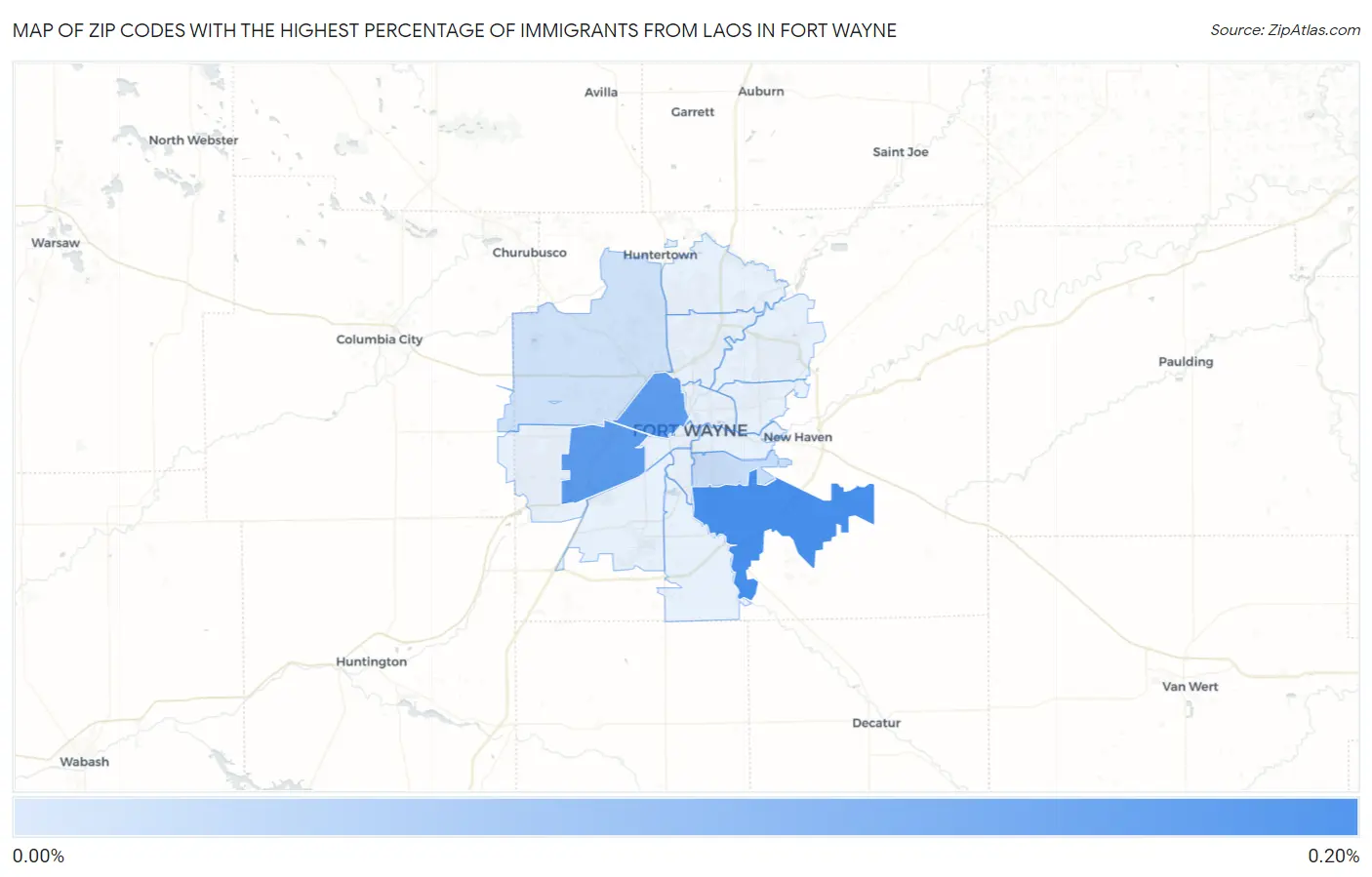 Zip Codes with the Highest Percentage of Immigrants from Laos in Fort Wayne Map