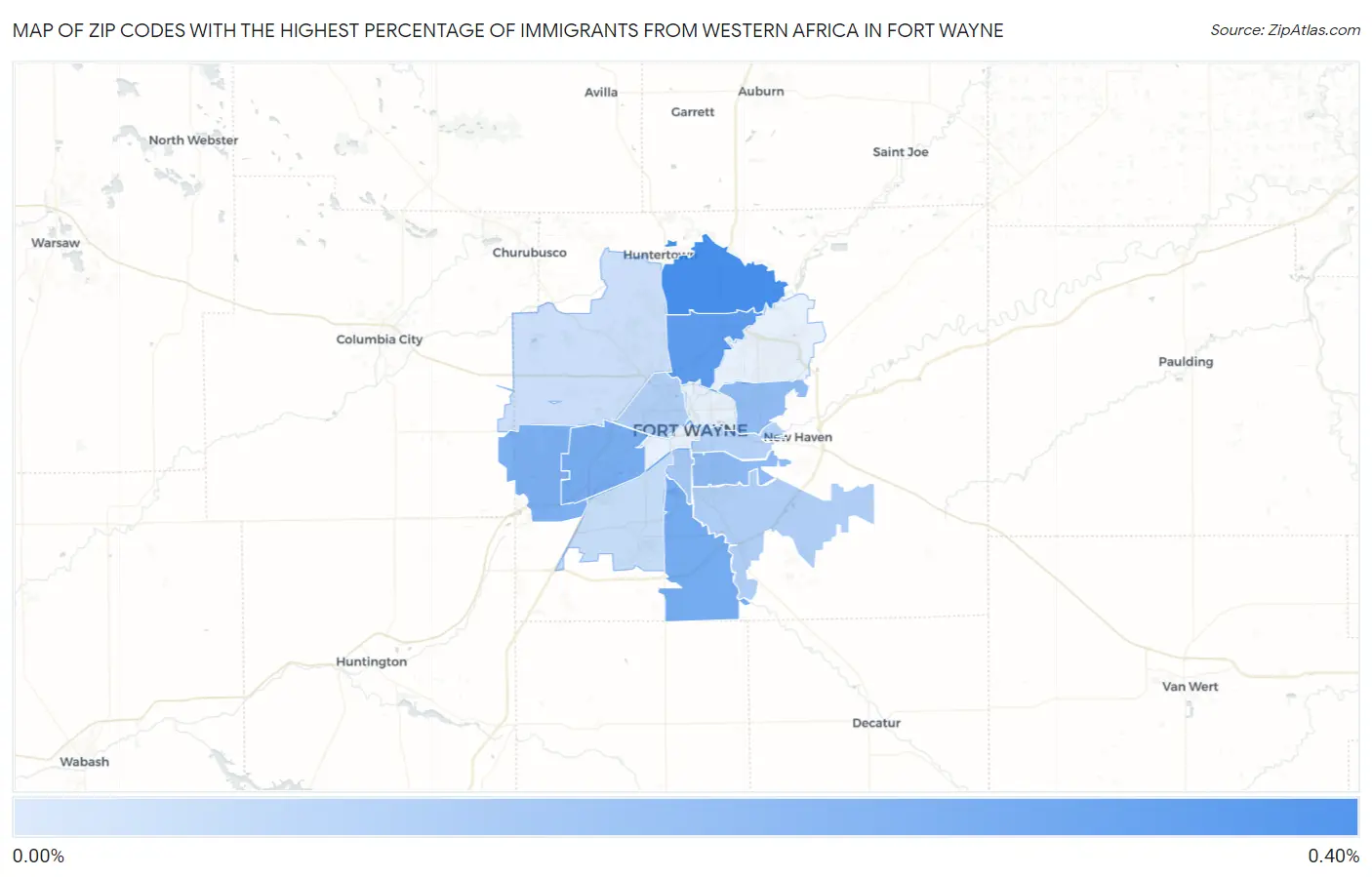 Zip Codes with the Highest Percentage of Immigrants from Western Africa in Fort Wayne Map