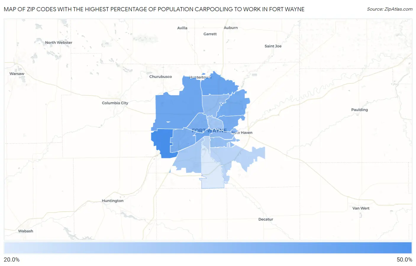 Zip Codes with the Highest Percentage of Population Carpooling to Work in Fort Wayne Map