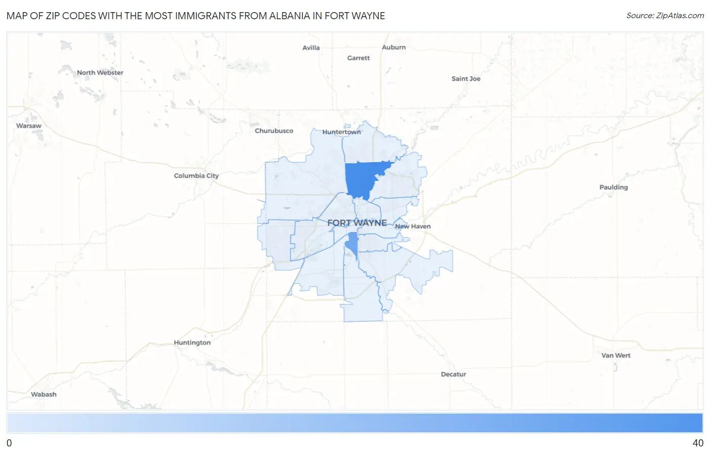 Zip Codes with the Most Immigrants from Albania in Fort Wayne Map