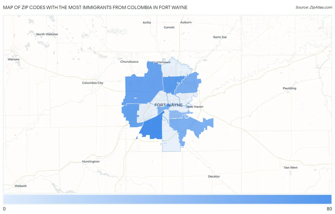 Zip Codes with the Most Immigrants from Colombia in Fort Wayne Map