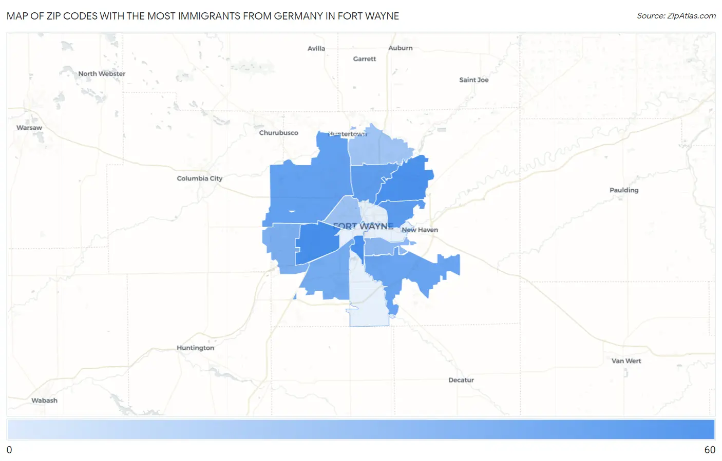 Zip Codes with the Most Immigrants from Germany in Fort Wayne Map
