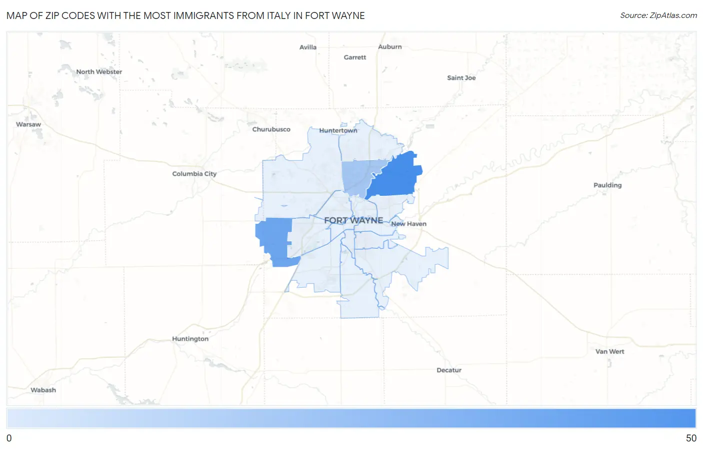 Zip Codes with the Most Immigrants from Italy in Fort Wayne Map