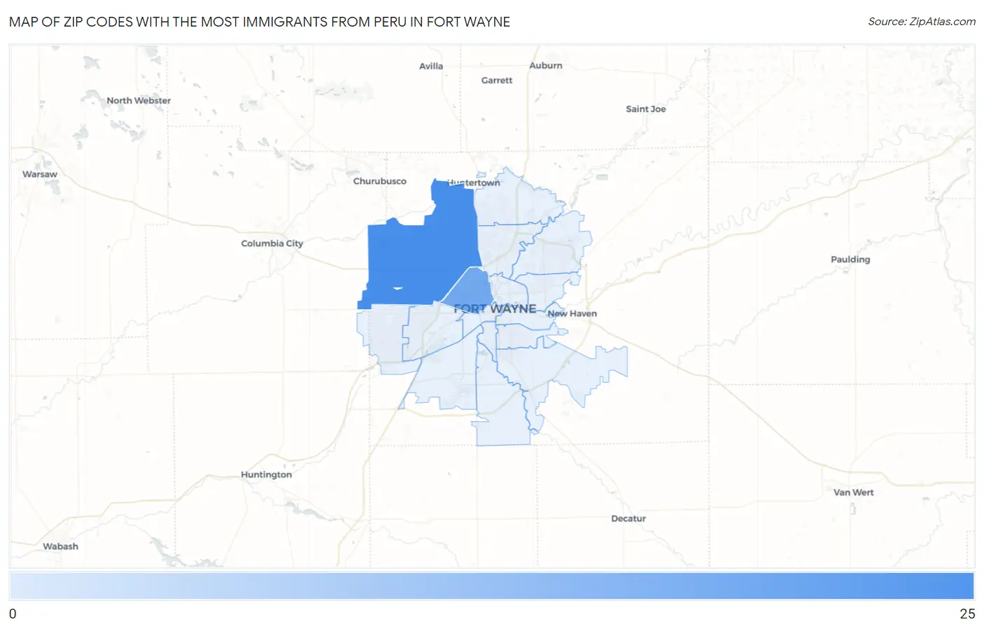 Zip Codes with the Most Immigrants from Peru in Fort Wayne Map