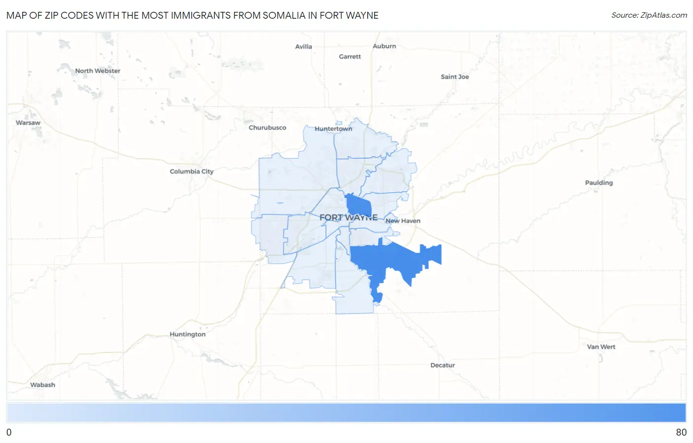 Zip Codes with the Most Immigrants from Somalia in Fort Wayne Map