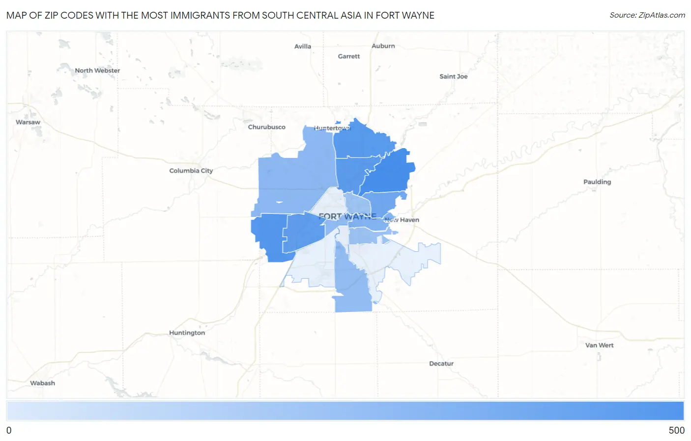 Zip Codes with the Most Immigrants from South Central Asia in Fort Wayne Map