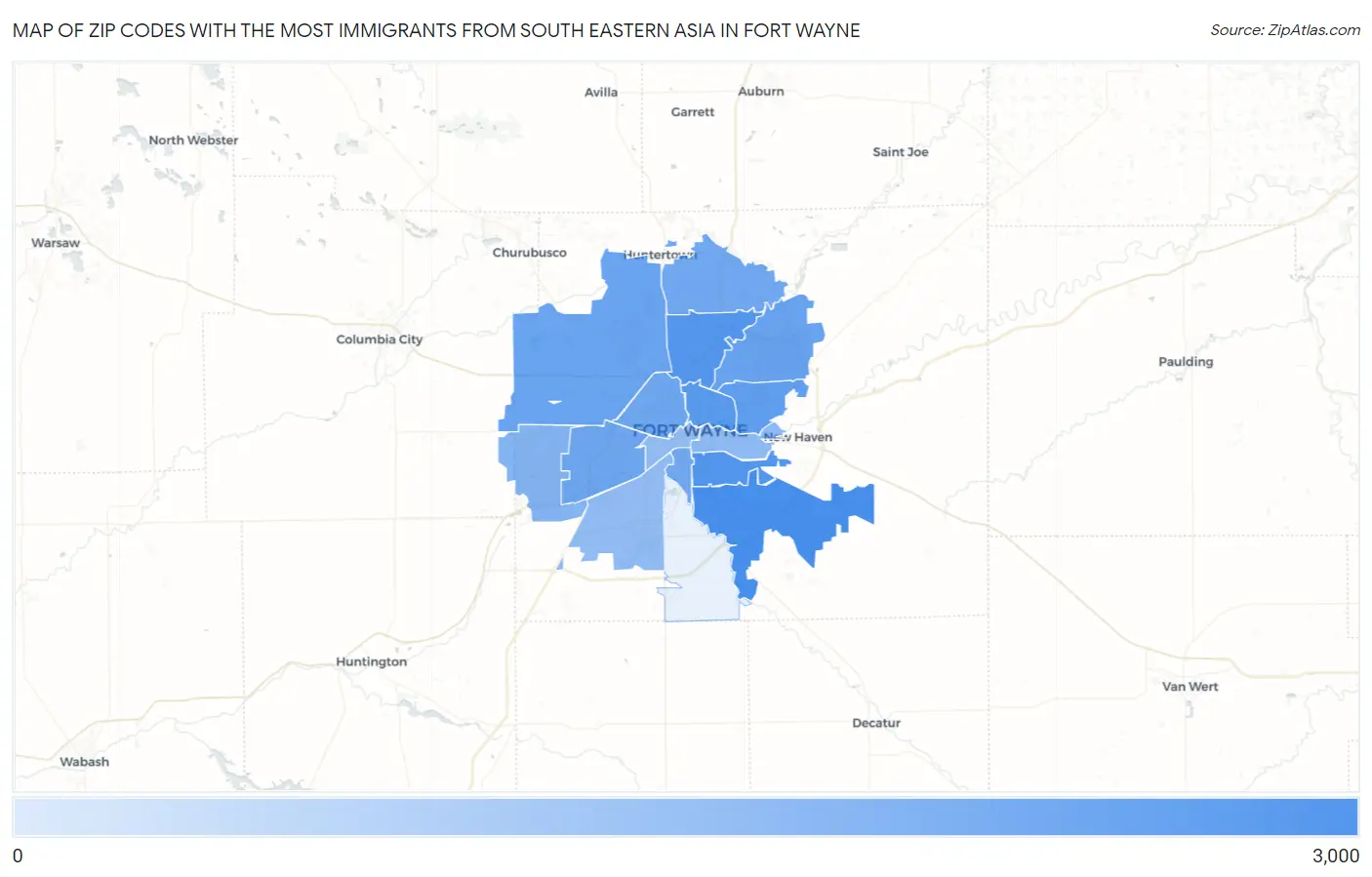 Zip Codes with the Most Immigrants from South Eastern Asia in Fort Wayne Map