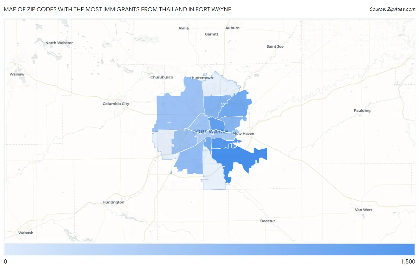 Zip Codes with the Most Immigrants from Thailand in Fort Wayne Map