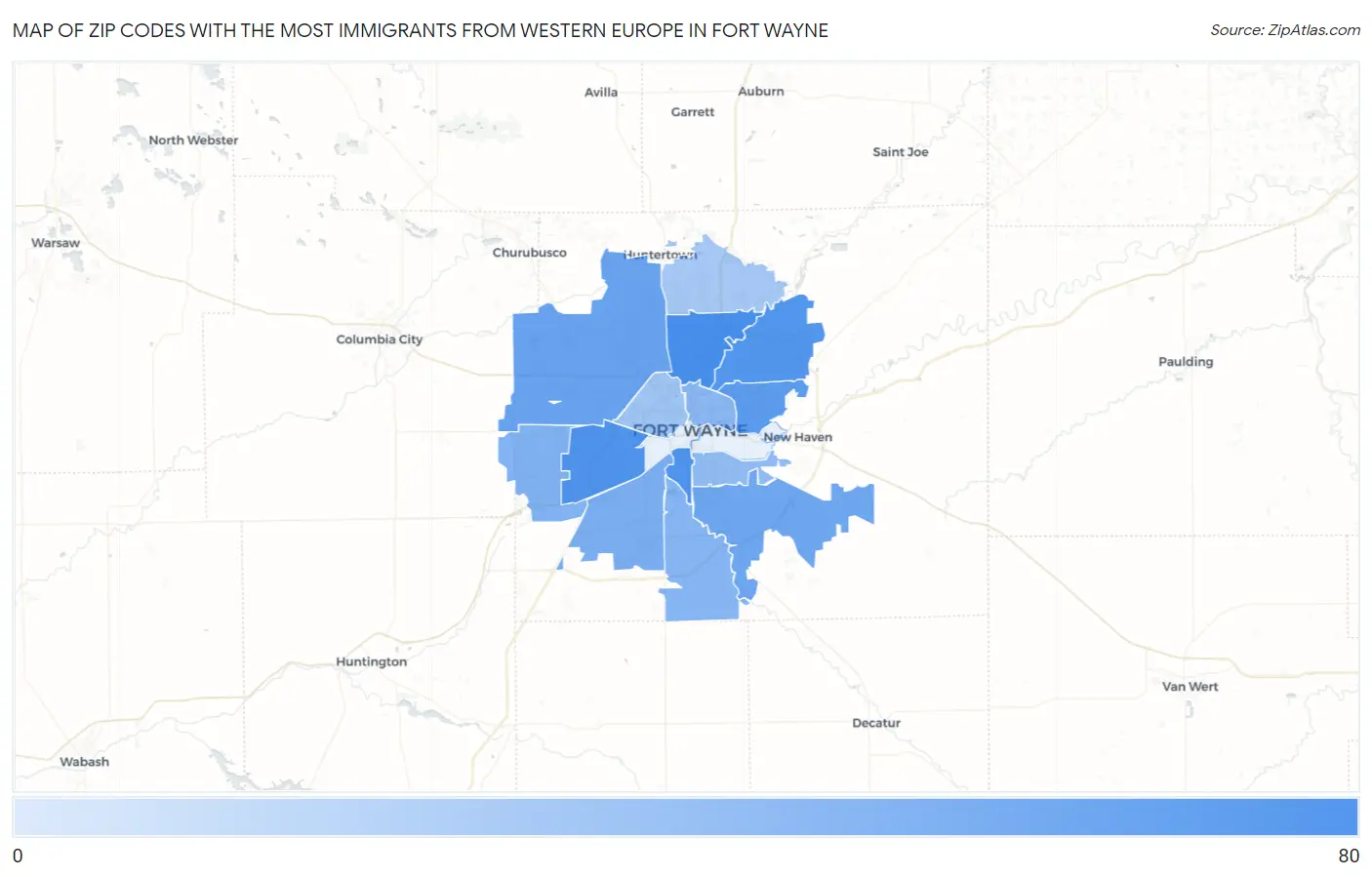 Zip Codes with the Most Immigrants from Western Europe in Fort Wayne Map