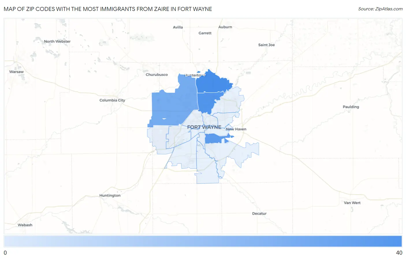 Zip Codes with the Most Immigrants from Zaire in Fort Wayne Map
