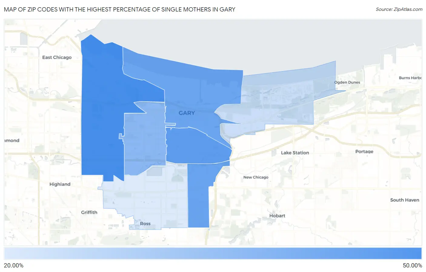Zip Codes with the Highest Percentage of Single Mothers in Gary Map